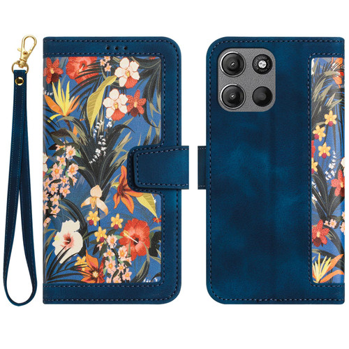 Moto G 2025 Floral Pattern Leather Phone Case with Lanyard - Dark Blue